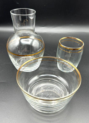 Vintage Libby Bedside Set Water Carafe Cup Bowl Clear Glass Gold Trim