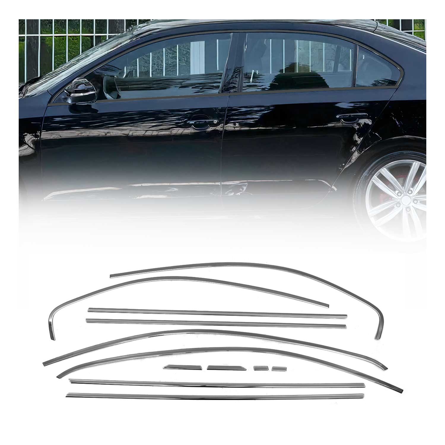 Accessoire carrosserie Jetta berline : encadrement vitre acier inox foncé 12Pcs 2010-2018