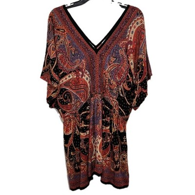 Charming Charlie Women's XL Boho Sequin Short Sleeve Tunic Paisly Floral Boho