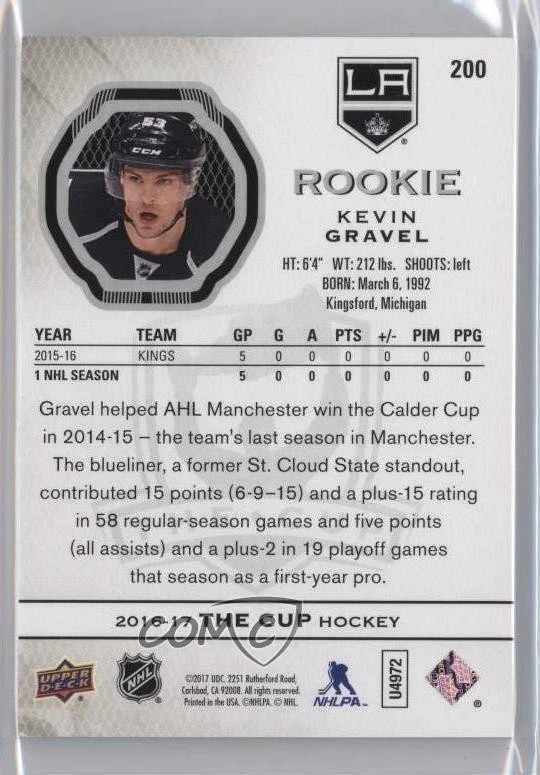 2016-17 Upper Deck The Cup Rookie Gold Foil /24 Kevin Gravel #200 Rookie RC - Image 2 of 2