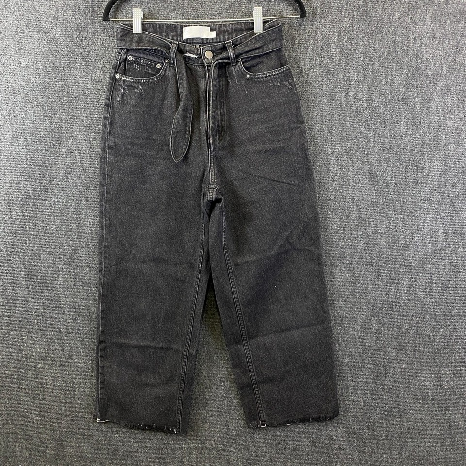 Zimmermann Womens High Rise Wide Leg Cropped Jeans Black Distressed Raw Hem Sz 0