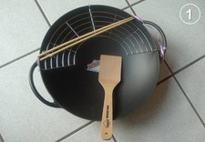Set WOK, professionale da cucina, 37 cm, coperchio in vetro, girarrosto per legno, griglia per sgocciolare, bastoncini da taglio