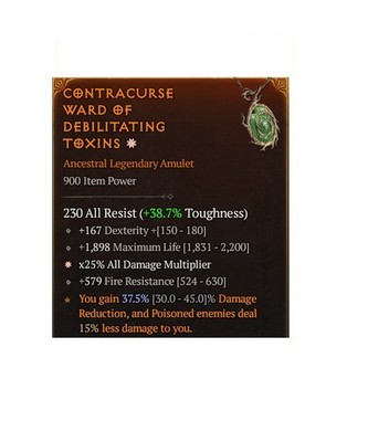 Diablo 4 S14 Contracurse Ward Of Debilitating Toxins 1GA Legendary Amulet Gear