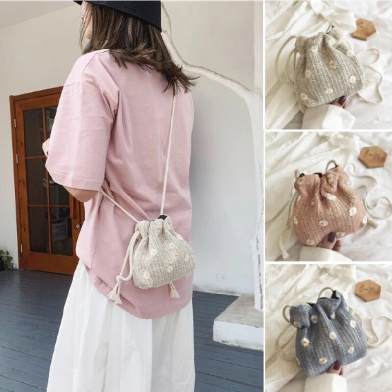 Women Straw Shoulder Bucket Bag Floral Embroidery Woven Tote Handbag Crossbody - Image 3 of 4