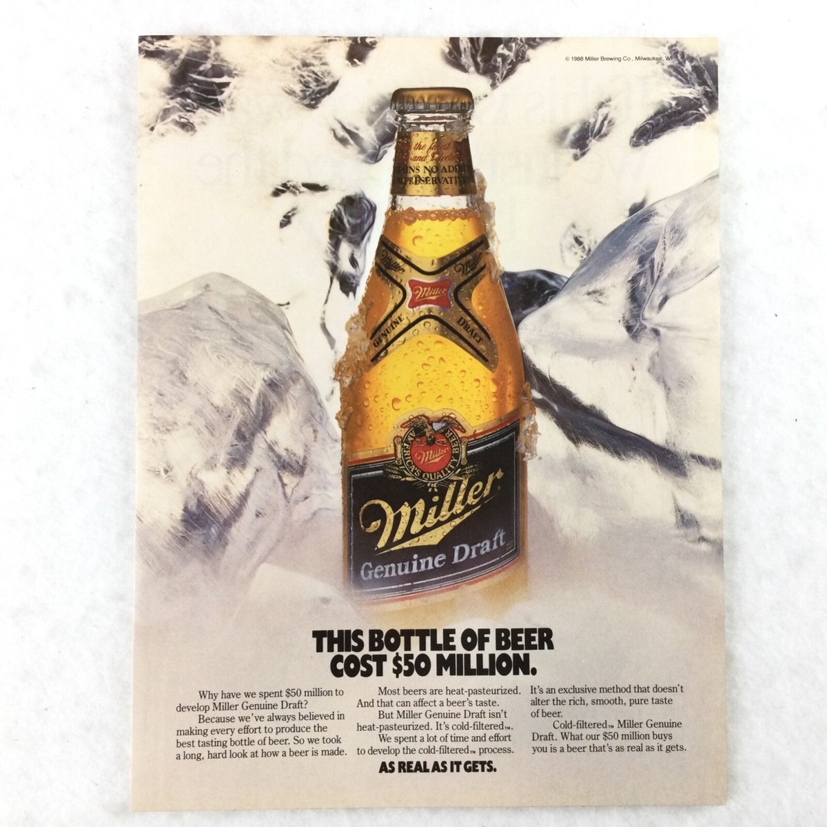 Miller Beer 80s VINTAGE PRINT AD Genuine Draft Bottle Cost $50