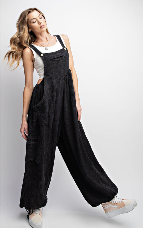 Easel Anthropolgie Mineral Washed Cotton Gauze Jumpsuit/Overalls Black