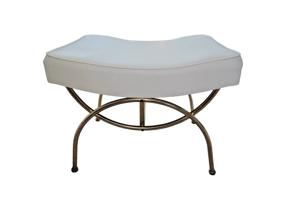 Silla de asiento de vinilo blanco maquillaje metal tono dorado vintage Hollywood Regency Foto 3 de 4