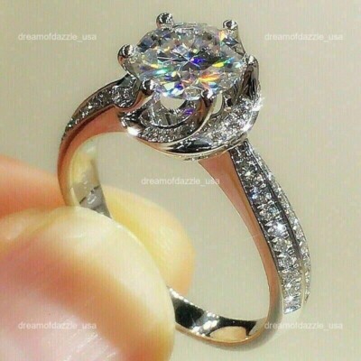 14K White Gold Brilliant Cut Lab Grown Diamond Prong Solitaire with Accents Ring