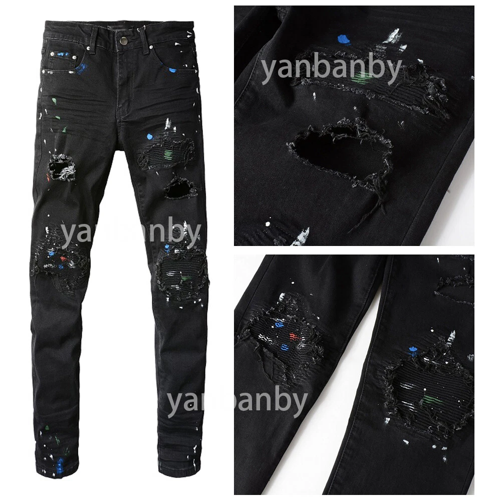 Nouveau pantalon homme style pop italien déchiré imprimé huilé jean noir  maigre