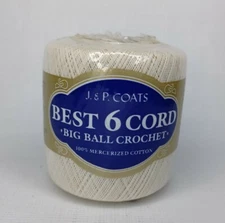 J & P Coats Best 6 Cord Big Ball Crochet Color 1 White Size 20 300 Yards New