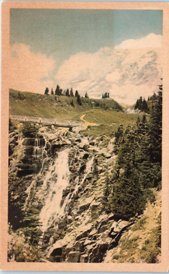 Vtg Postcard Snow-Crowned Mt. Rainier Postcard Paradise Valley & Myrtle Fall Was