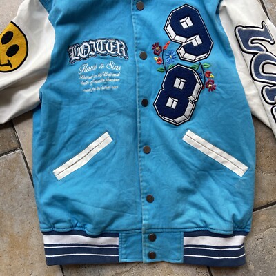 Loiter Varsity Jacket “Flaws N Sins” Sky Blue Size Small