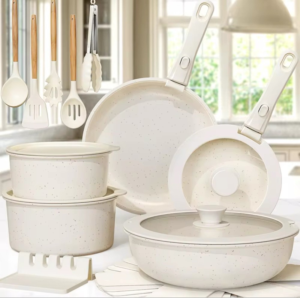 21-Piece Ceramic Non-Stick Cookware Set - Pots & Pans with Detachable Handles