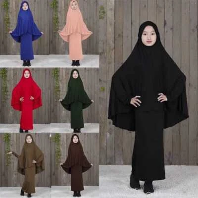 Muslim Kids Girls Prayer Dress Abaya Arab Islamic Jilbab Long Hijab Kaftan Set