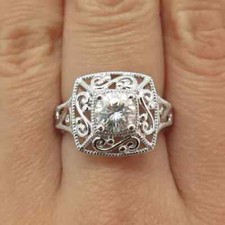 2Ct Round Cut Real Moissanite Art Deco Engagement Ring 14K White Gold Plated