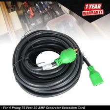 75 Feet 30 AMP 4 Prong NEMA L14-30P to L14-30R Generator Extension Cord Green