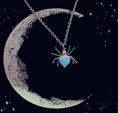 Handmade Spider Necklace!! Sky Blue Agate Gemstone Halloween Gothic Steel