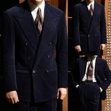 Corduroy Men Suits Wide Peak Lapel Prom Double Breasted Wedding Wear 2 Pieces