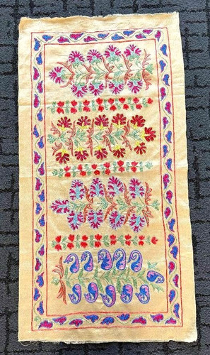 HAND EMBROIDERED UZBEK SILK EMBROIDERY PANEL-SILK ON SILK-20" x 40" - circa 1960