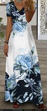 Blue & white floral maxi dress Roses Short Sleeves Summer Party Wedding SZ Small