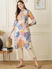 Indian Women Beige Multi Floral Cotton Printed Kurta Kurti New Top Tunic