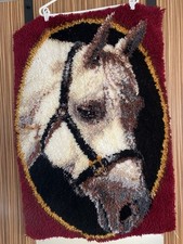 Vintage Latch Hooked Rug Tapestry Wall Hanging White Horse With Bridle 36x26