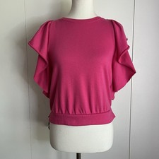 Evereve Ruffle Flutter Sleeve Sweatshirt Top Size XS Hot Pink Made in USA