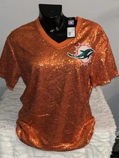MIAMI DOLPHINS NFL WOMENS ORANGE WORDMARK SEQUIN V-NECK TOP SHIRT LARGE NWT