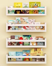 Set of 4 Wall-Mounted Kid's Bookshelf - White Floating Nursery Book Shelves -...