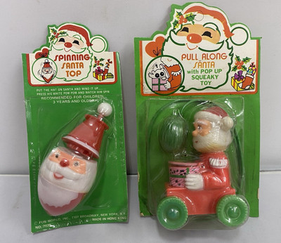 PAIR VINTAGE 70's FUN WORLD Pull along SANTA  with Pop Up AND Spin Top Hong Kong