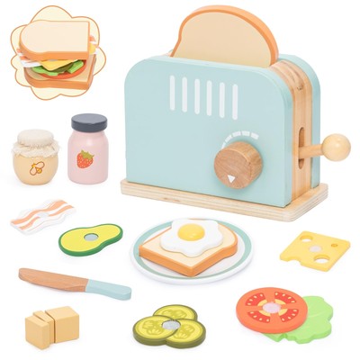Wooden Pop up Toaster Play Kitchen Set, 17PCS Play Food Accessories for Toddl...