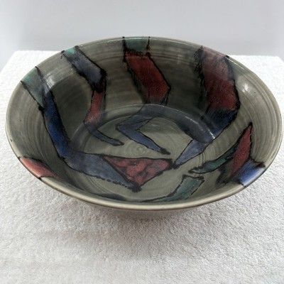Handmade Studio Pottery Bowl 11  Diameter Gray, Navy, Burgundy Black Colors