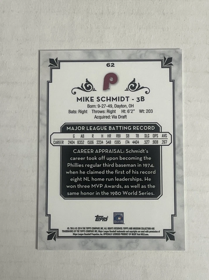 2014 Topps Museum Collection #62 Mike Schmidt Philadelphia Phillies - Image 2 of 2