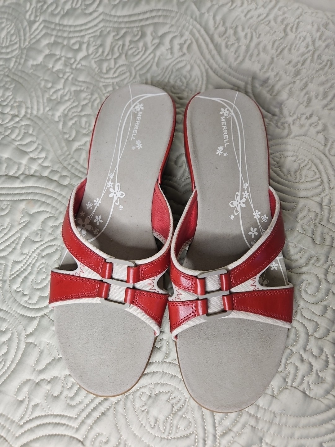 Merrell Slide Sandalo Donna US 11 Beige Rosso Pelle Zeppa Scarpe Slip On