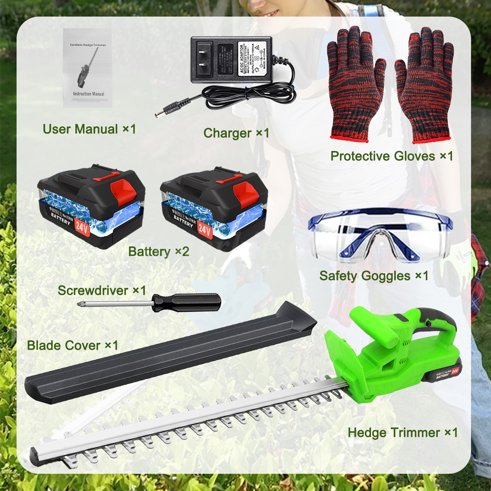 Electric Cordless Hedge Trimmer 24V Handheld Hedge Trimmer 2X Battery & Charger