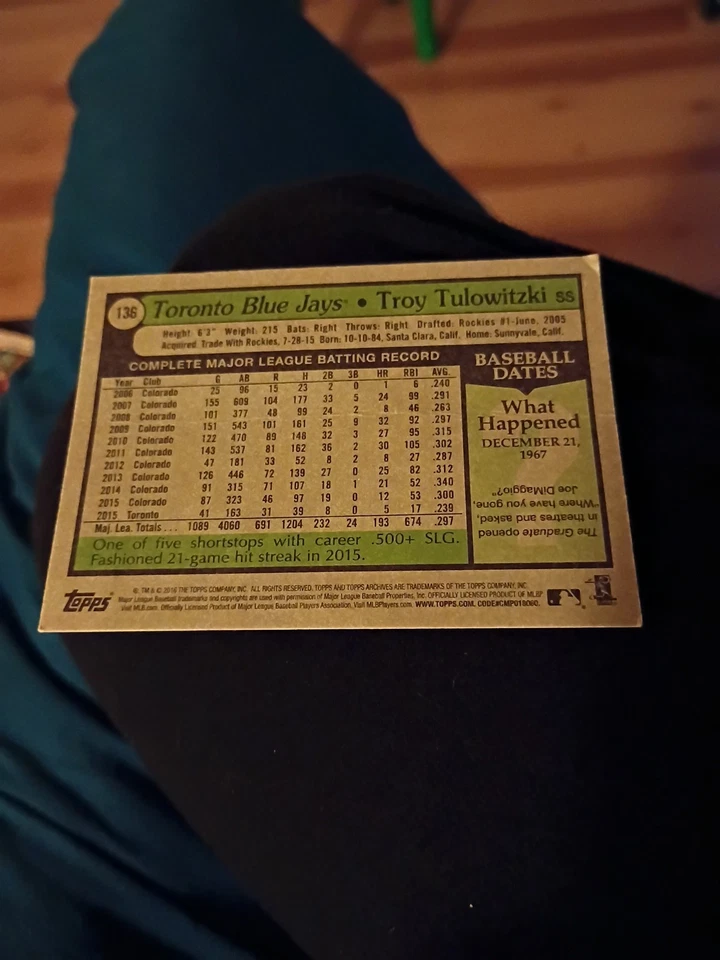 2016 Topps Archives - 1979 Design Troy Tulowitzki #136 - Image 2 of 2