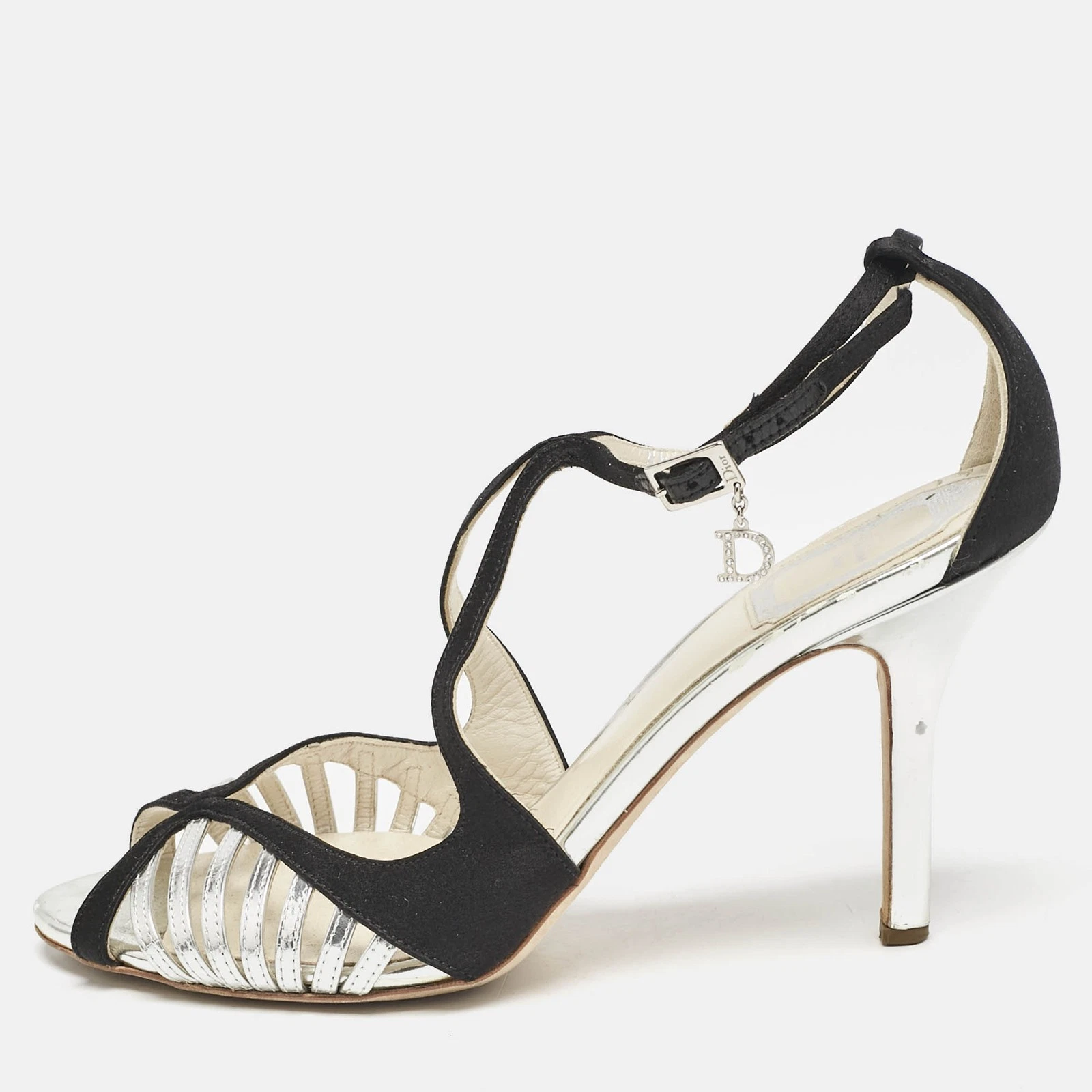 Sandales Dior noir/argent satin et cuir à lanières cheville pointure 37,5
