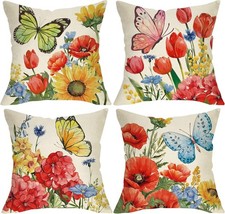 Set of 4 Spring Floral 18x18 Throw Pillow Covers Cotton Linen Decorative Cushion