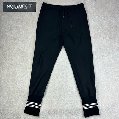 NEIL BARRETT Italy Virgin Wool Slouch Fit Low Rise Double Striped Track Joggers