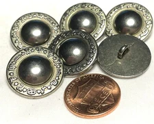 6 Domed Polished Dark Antique Silver Tone Metal Shank Buttons 13/16" 20mm 12624