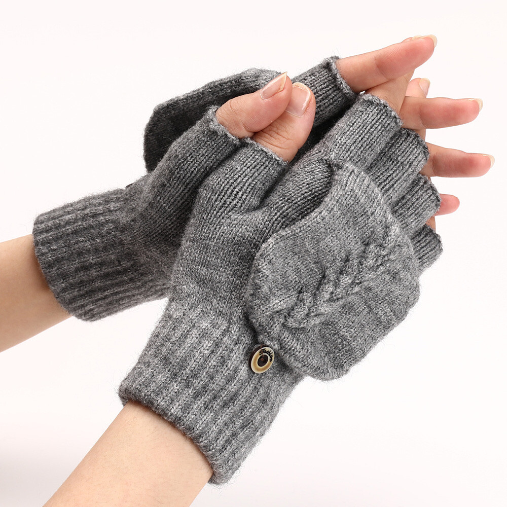 Men Women Winter Wool Knitted Convertible Mittens Flap Fingerless