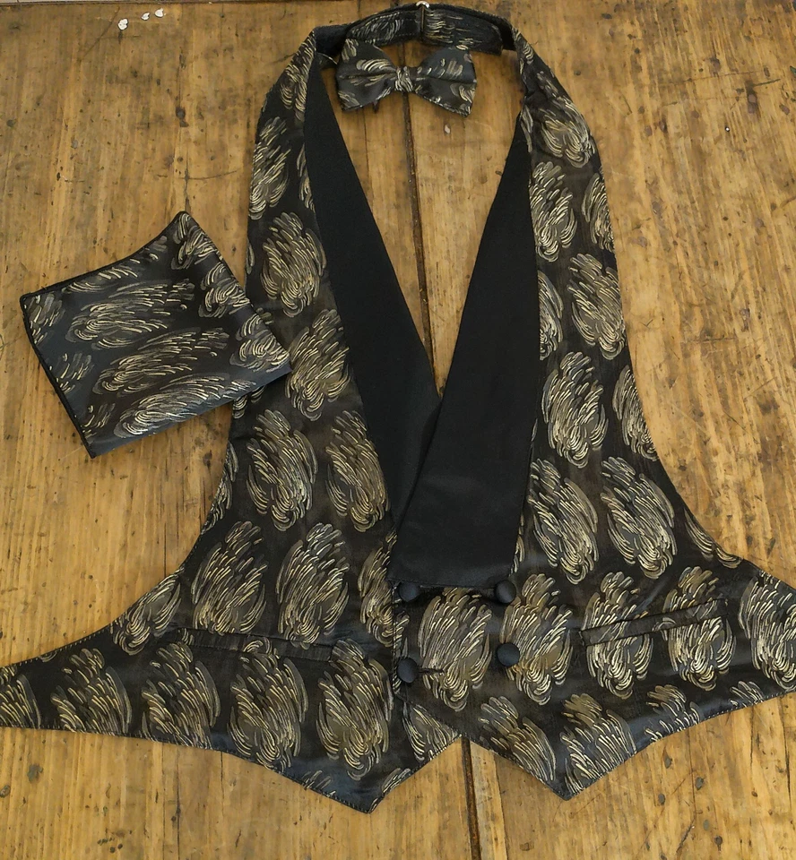 Gold Backless Vest w/ Pre Tied Bow Tie and Pocket Square - Formal Wear Prom Gala - Image 2 of 4