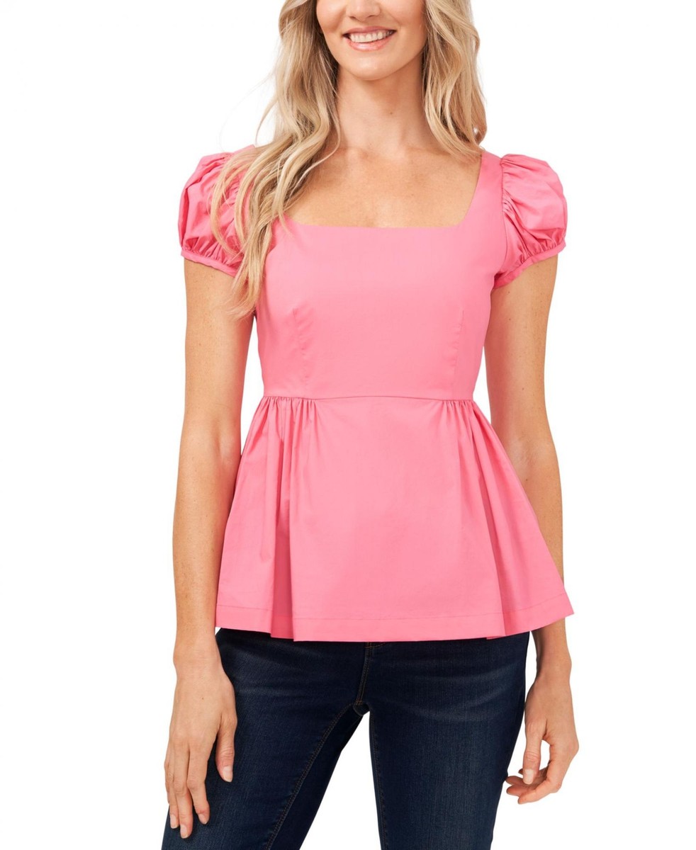 cece Women's Short Sleeve Cotton Poplin Puff-Sleeve Blouse 7022004 S