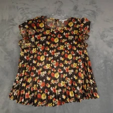 DR2 Shirt Womens Blouse Brown Floral Short Sleeve Flutter Keyhole Pleated S New