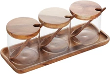 3 Pack 250Ml / 8.5Oz Clear Glass Spice Jar with Acacia Wooden Lid and Spoon, Cla