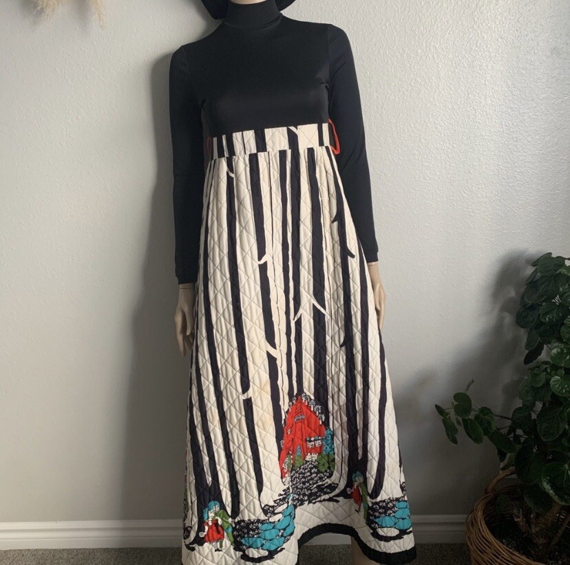 vintage 70s hansel and gretel novelty pattern quilted maxi dress sz xs