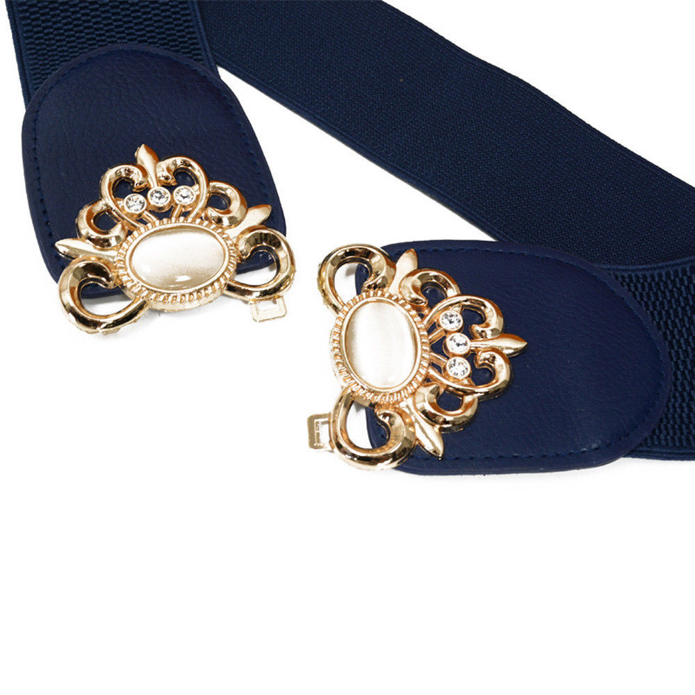 Women Retro Metal Flower Buckle Faux Leather Belt Stretch  display picture 3