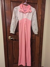 Vintage 70's Dolly Pink Polyester Collar Lace Sleeves Jumpsuit Size XXS