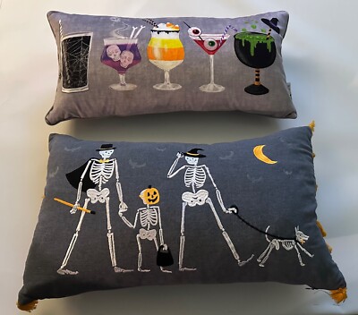 2 NOVOGRATZ HALLOWEEN SPOOKY THROW PILLOW 23 x 13 Skeleton/Pumpkin/Witches Brew