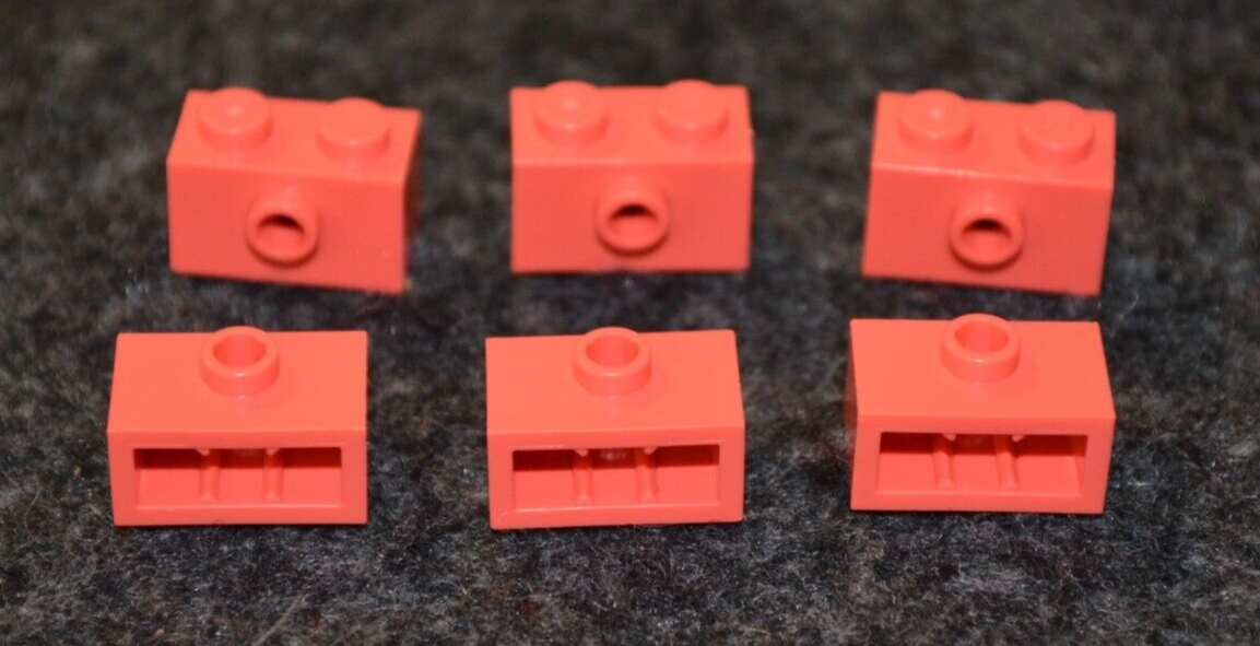 6) 1x2 Vibrant Coral (peach) w/ Center Nub (SNOT) Bricks ~ New